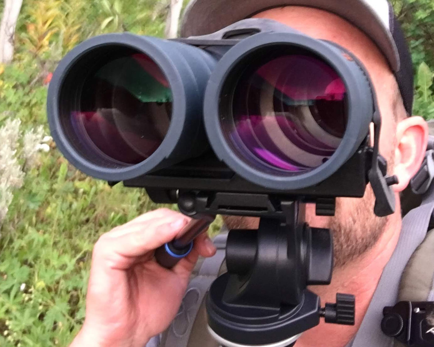 Binoculars mounted on a pan head while glassing for elk