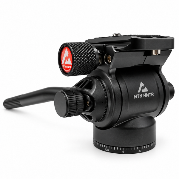 MTN HNTR Nano Pro Fluid Tripod Head with adjustable pan handle, Arca-compatible quick-release mount, and precision pan controls for hunting optics.