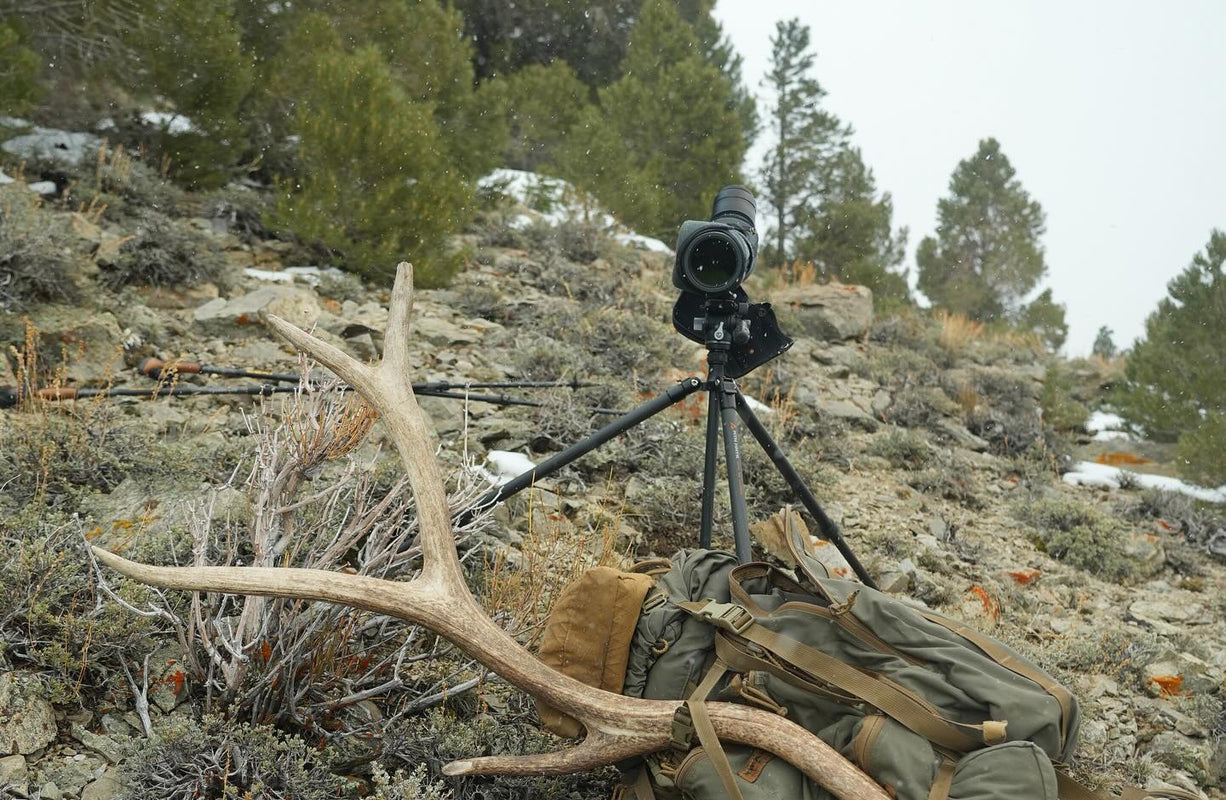 MTN SS Carbon Fiber Tripod Kit with spotting scope and large elk antler